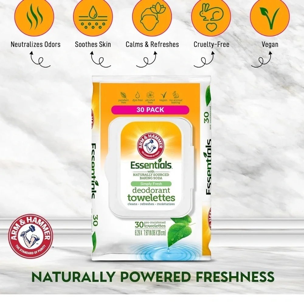 Pack 3 Arm & Hammer Essentials Towelettes Wipes Clear Water Simply Fre.